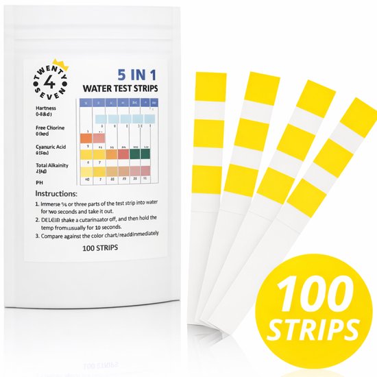 Emballage de bandelettes de test d'eau 5 en 1 et 4 bandelettes jaunes. Cercle avec '100 bandelettes'.