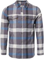 Grijs, wit en blauw geruit flanellen overhemd met lange mouwen, twee borstzakken en een leren label op de arm.
