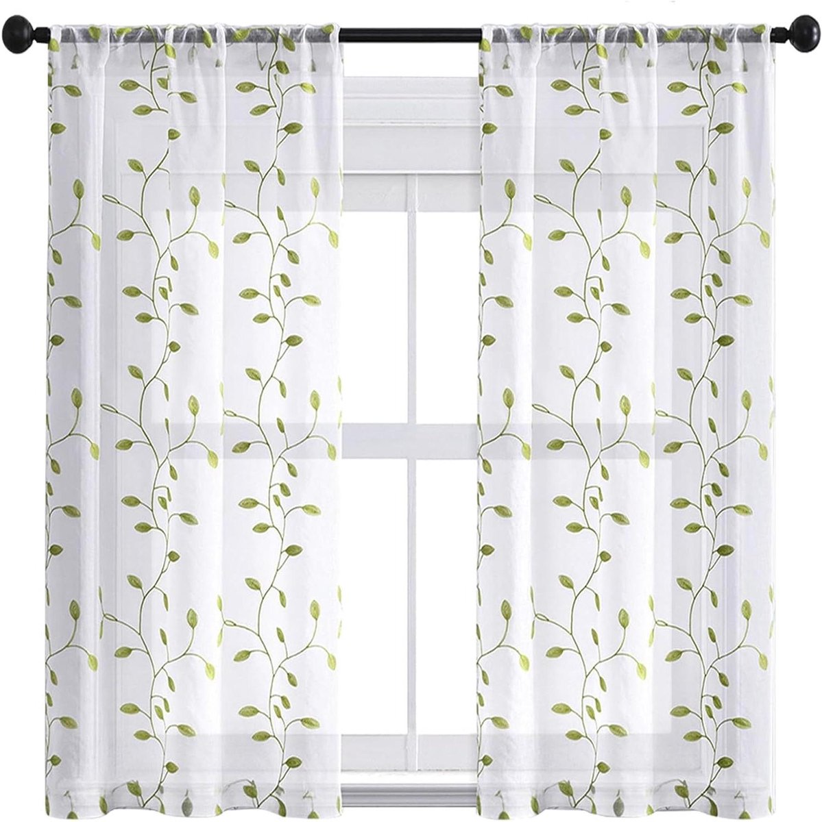 Gordijnen - Vitrage Raambekleding - Decoratie Woonkamer - Groen Bladpatroon - 150 x 160 cm
