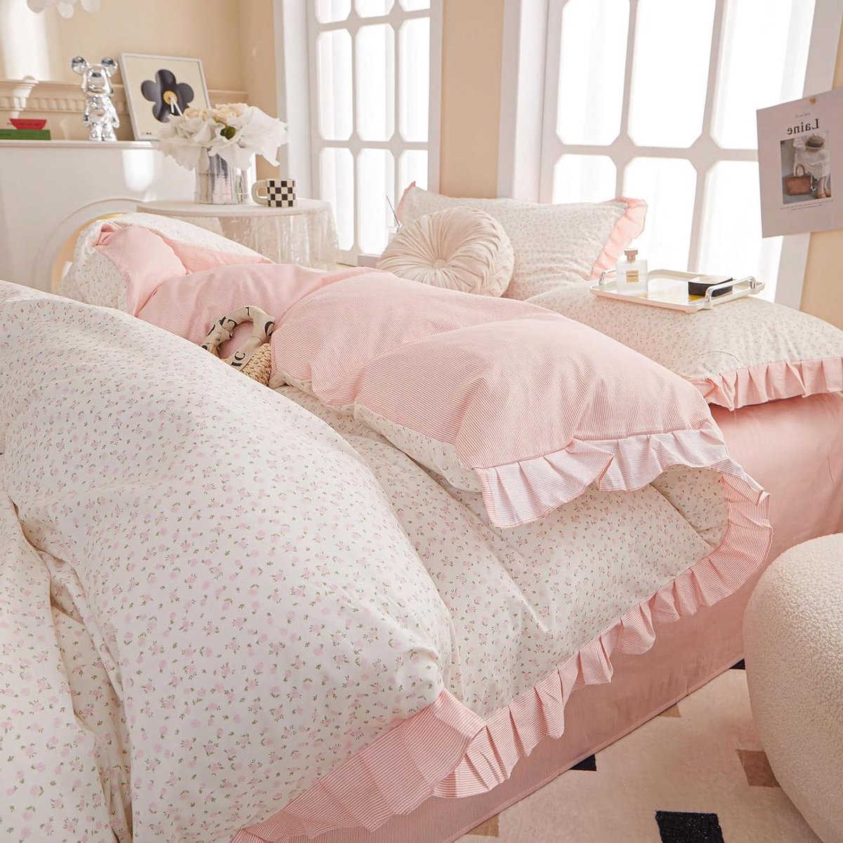 Dekbedovertrek met roze bloemen - Bloemen beddengoedset - Slaapkamer decoreren - Ruches en