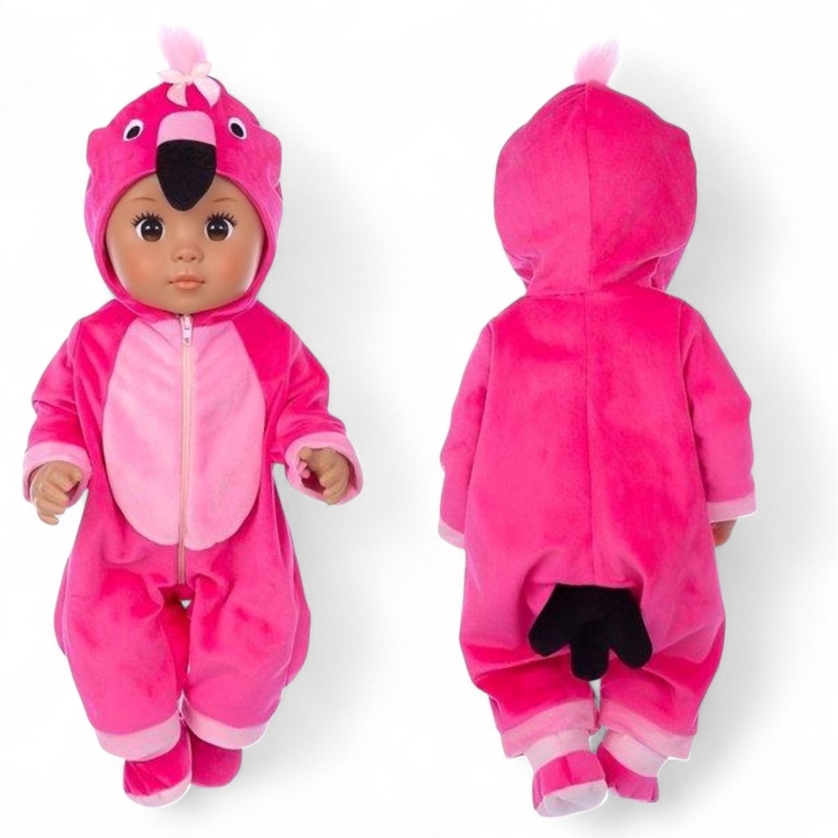 Poppenkleertjes voor babypop 43 cm - Roze flamingo onesie - In cadeauzakje - Poppenkleding set geschikt voor o.a. Baby Born pop