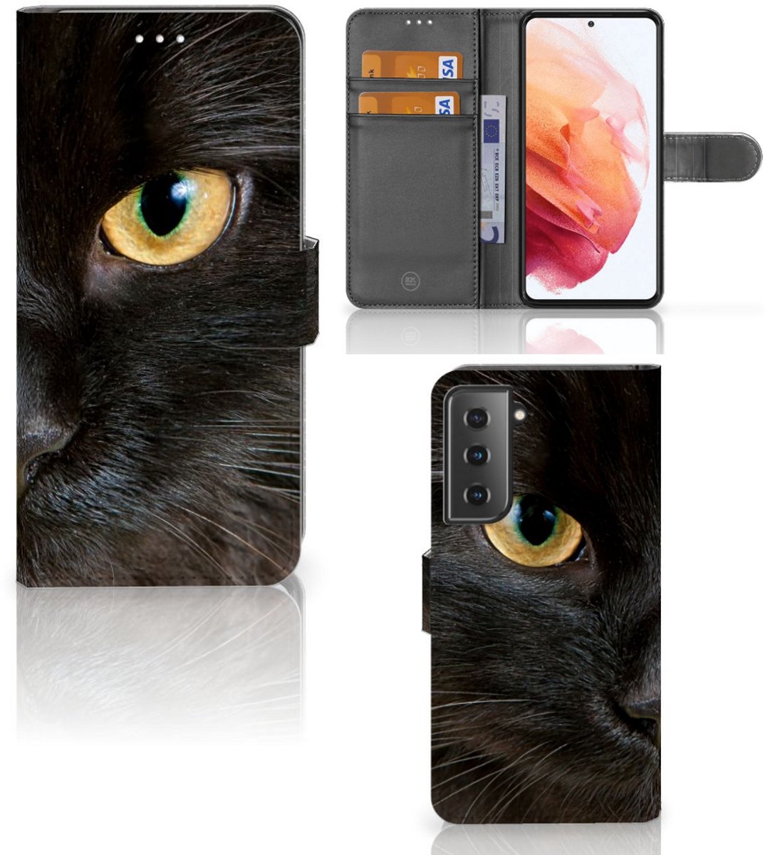 Samsung Galaxy S21 Telefoonhoesje met Pasjes Zwarte Kat