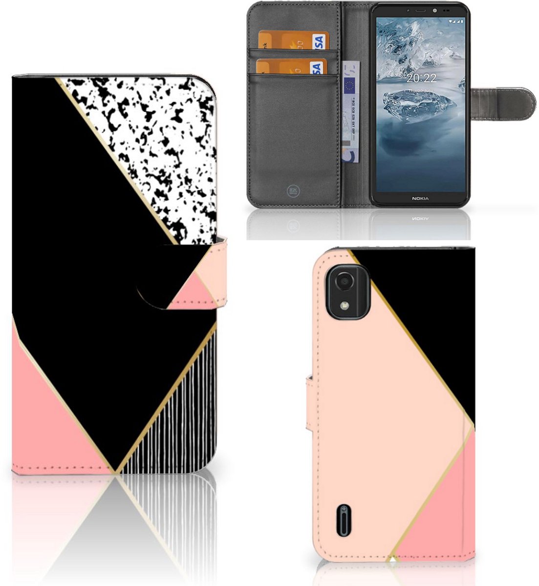 Nokia C2 2nd Edition Book Case Zwart Roze Vormen