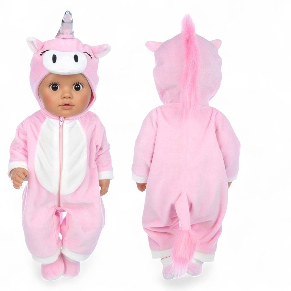 Poppenkleertjes voor babypop 43 cm - Roze eenhoorn onesie met slofjes - In cadeauzakje - Poppenkleding set geschikt voor o.a. Baby Born pop