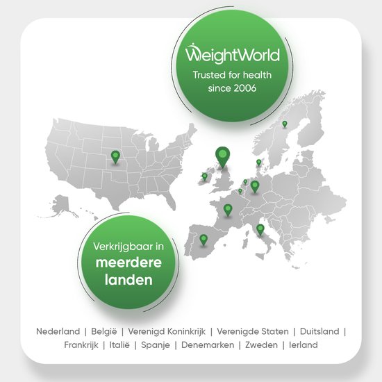 Kaarten van Europa en de VS met pins die aangeven waar WeightWorld berberine verkrijgbaar is.