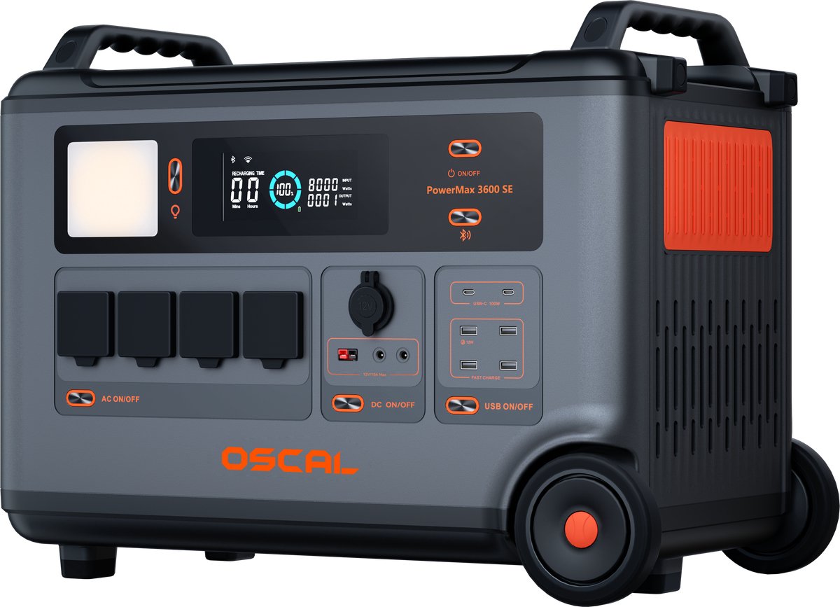OSCAL PowerMax 3600SE Robuust Energiestation - 3600Wh tot 57600Wh LiFePO4-accu - 14 stopcontacten - 5 LED-lichtstanden - Morsecodesignaal