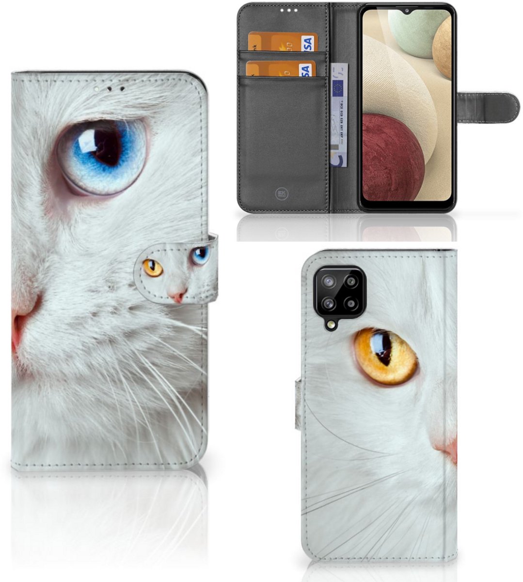 Book Case voor Samsung Galaxy A12 Telefoonhoesje met Pasjes Witte Kat
