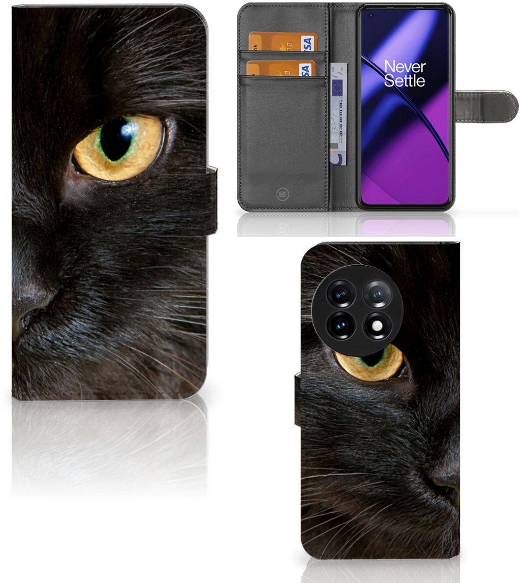 OnePlus 11 Telefoonhoesje met Pasjes Zwarte Kat