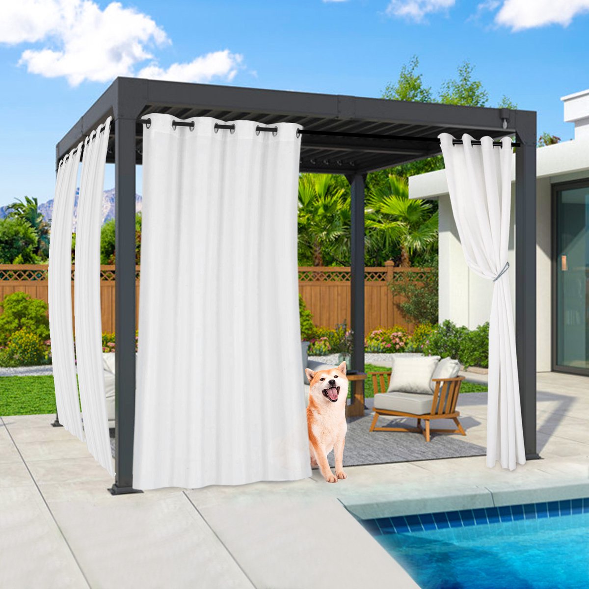 Qelus Vitrage Buitengordijn Waterdicht met Ringen & Lussen - Winddicht Outdoor Gordijn UV-Bescherming - Subtiele Privacy - 132x274cm - Wit - 1 Stuk