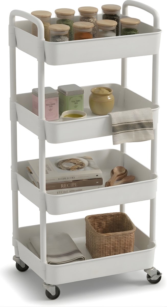 Posity Keukentrolley op wieltjes – Serveerwagen / Opbergtrolley / Keukenrek / Trolley Keuken – Verrijdbaar en Vast – 4 Lagen – Kunststof – Wit