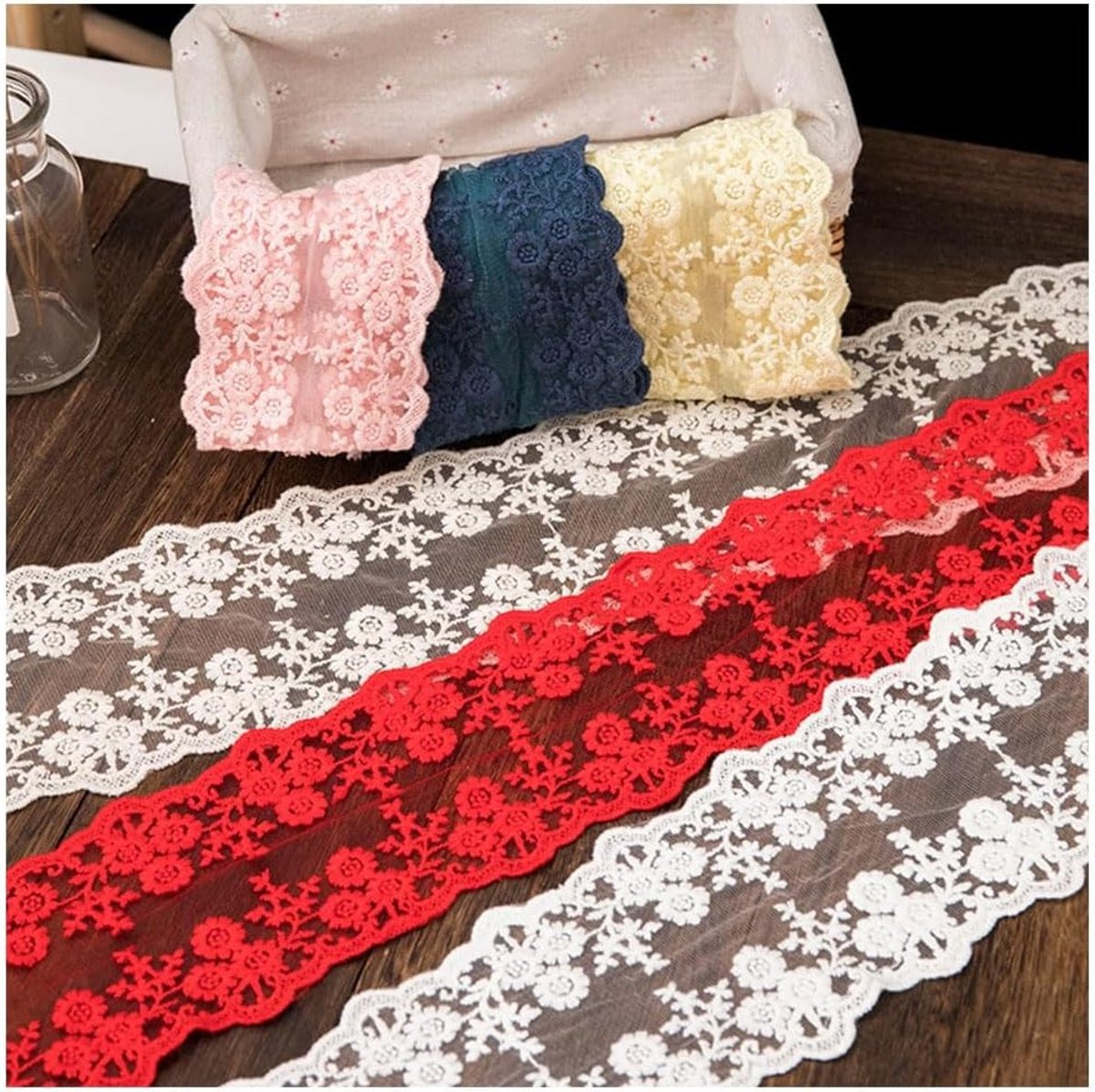 Brede 11 cm kantafwerking met bloemenborduursel, kleurrijke tule en haakwerk voor DIY-projecten en bruiloften