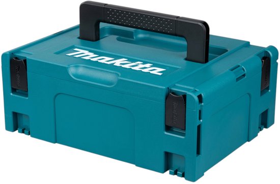 Turquoise Makita opbergkoffer met wit logo en zwart handvat.