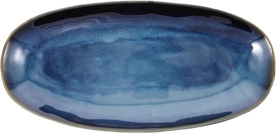 Plat de service ovale en céramique avec glaçure, assiette pour sushi, fruits et apéritifs, compatible micro-ondes et lave-vaisselle, bleu, 34,7 x 16,8 x 3,5 cm