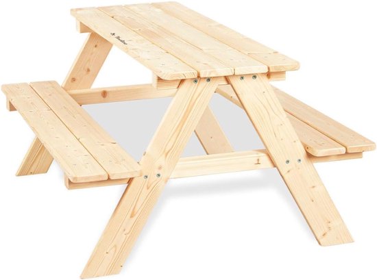 Houten picknicktafel voor kinderen, zonder accessoires. Afmetingen 90x79x50 cm.