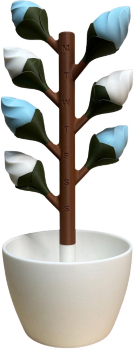 Pillendoos 7 Dagen – Bloem Design Medicijndoosje met Magnetische Bloemblaadjes (Blauw - Wit)
