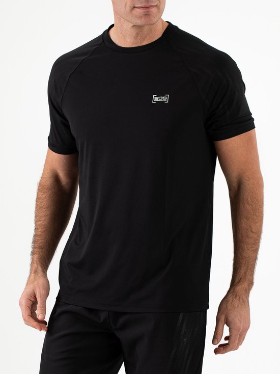 Zwart sportshirt voor heren met raglanmouwen en wit Sjeng Sports-logo op de borst.