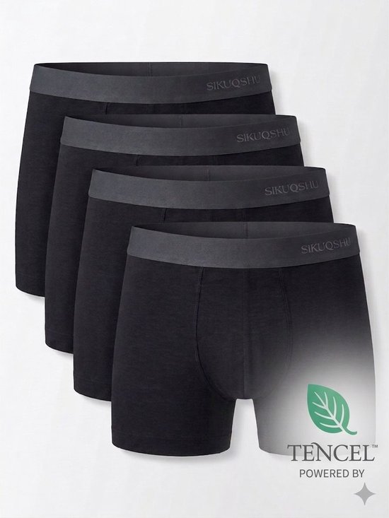 Vier zwarte SIKUQSHU boxershorts met grijze taillebanden, deels opgestapeld, TENCEL™ logo rechtsonder.