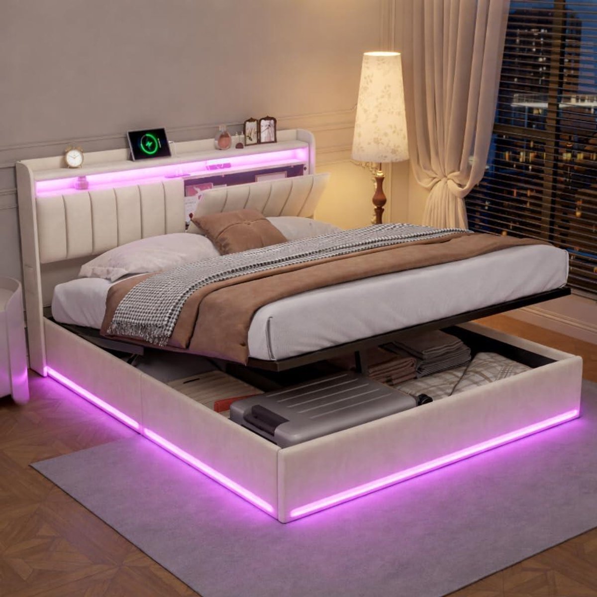 Gestoffeerd Bed - Tweepersoonsbed Bedframe - Opbergen en Laden - Geïntegreerde USB Poort -