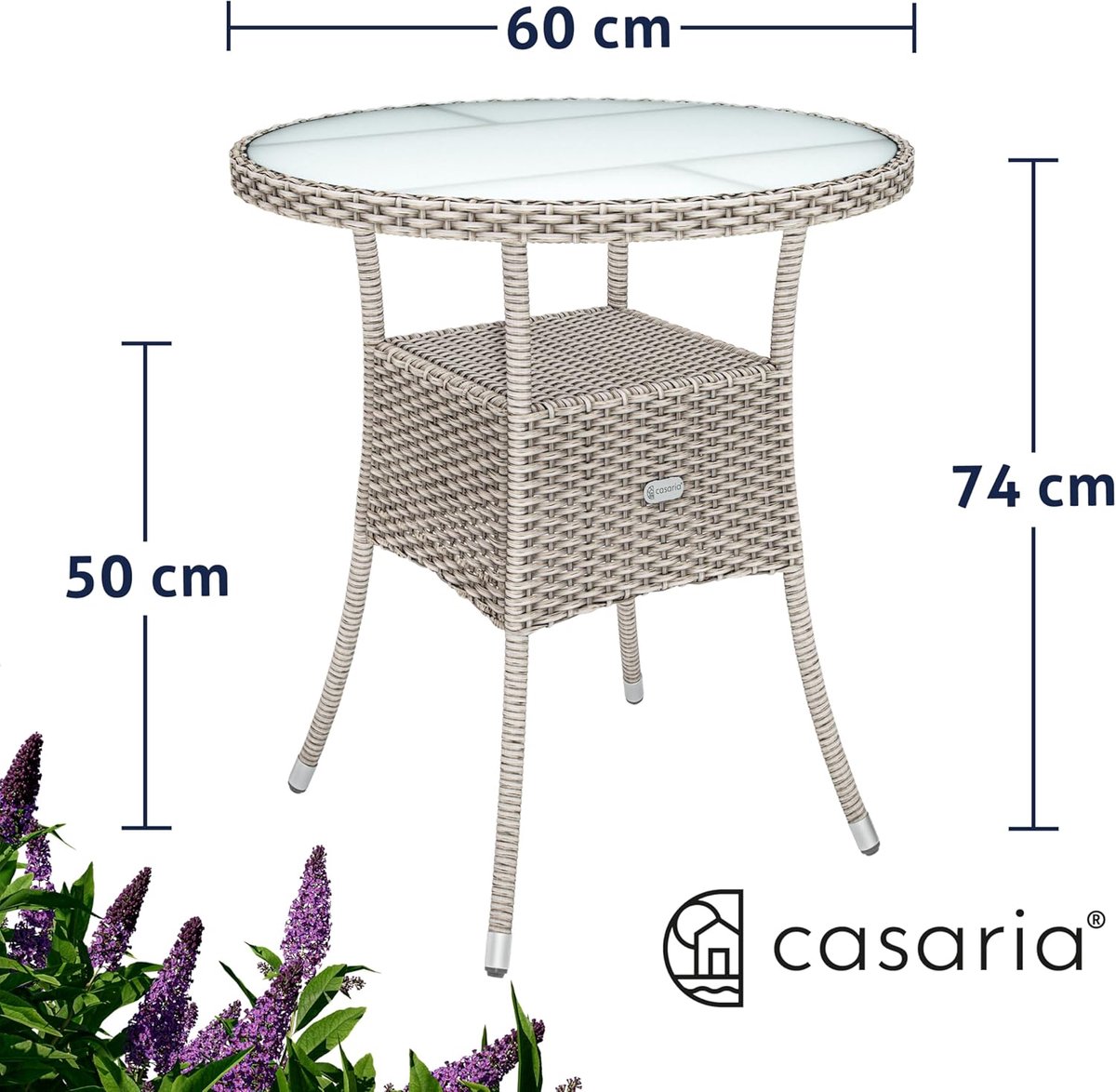 Bijzettafel Buiten ABTkantoor Polyrotan Rond met Veiligheidsglas, 60 cm Ø, Verstelbare Aluminium Poot, Weerbestendig en Robuust – Tuintafel Balkon, Terras en Tuin, Modern Design Grijs/Beige