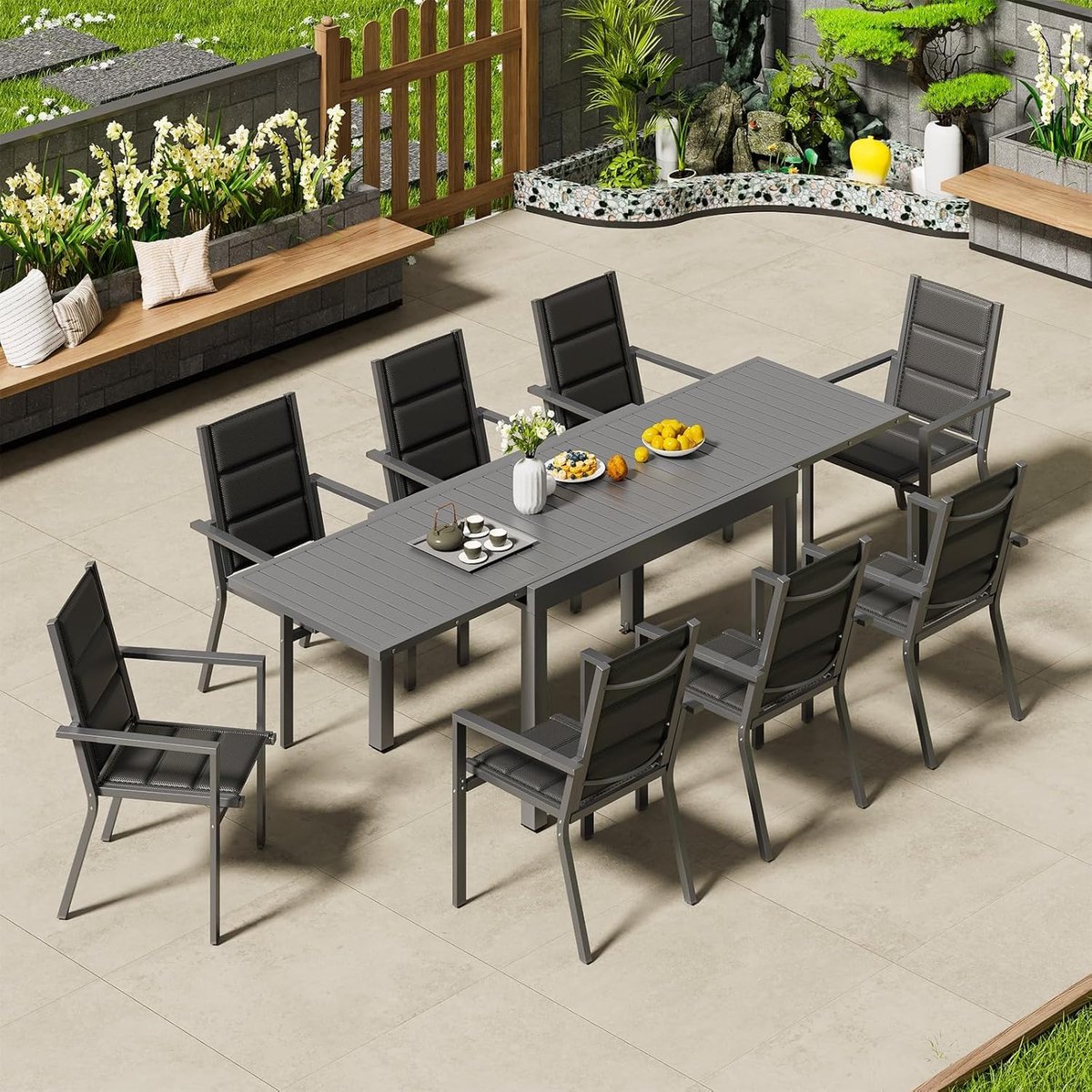 Tuinmeubelset 8 Personen Uittrekbare Tafel 130-260x80x75 cm Aluminium – Stapelbare Stoelen – Weerbestendig – Modern Donkergrijs – Nicolehome