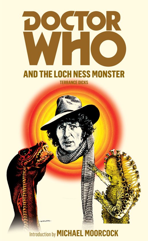 Boekomslag 'Doctor Who And The Loch Ness Monster' met de vierde Doctor, een Loch Ness Monster en een Siluur.