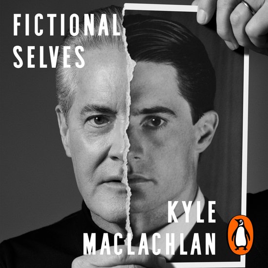 Boekomslag met "Fictional Selves" en "Kyle MacLachlan". Een gescheurde foto toont een oudere man links en een jongere man rechts.