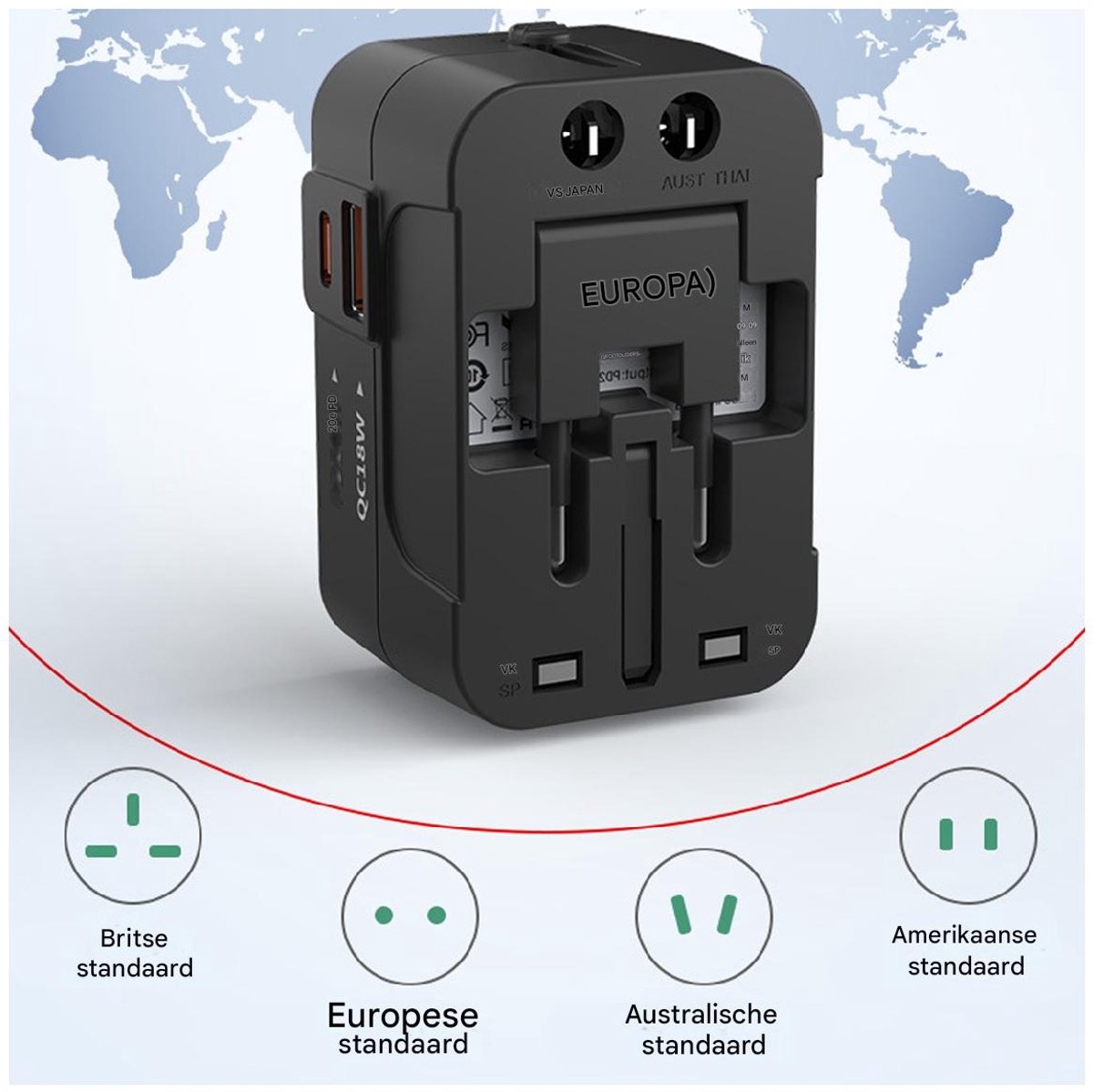 GELLDG Wereldstekker - Universele Reisstekker met USB-C en USB-A - 79.4x41x52.9mm - Oververhittingsbeveiliging, Compact en Makkelijk Op te Bergen - Kunststof - Zwart — cadeau in Gadgets - foto 3