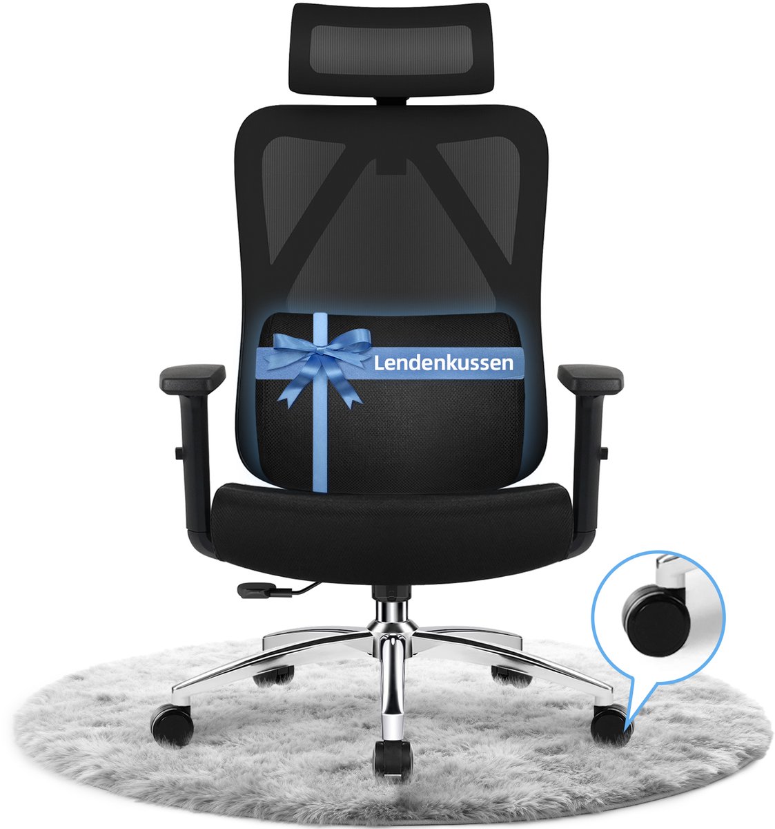 Fukstern bureaustoel-ergonomische bureaustoel voor volwassenen-3D lendensteun-Vergrendelbare rugleuning-Max. kanteling 135° – Met lendekussen - Zwart