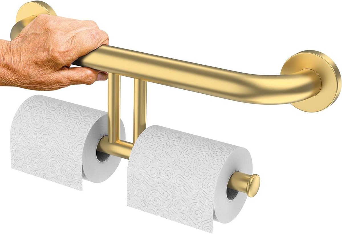 Grijpstang met Toiletrolhouder - Veiligheidsgreep Badkamer - Valpreventie Badkamer - Dubbele Toiletrolhouder Geïntegreerd - 17 Inch - Goud