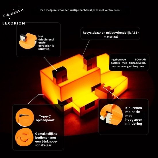 Lexorion Minecraft Vos Lamp 16 cm - LED Nachtlampje - 3D Figuur - Kinderkamer & Slaapkamer - Inclusief Batterijen - Oranje Gaming Decoratie van Merkloos — afbeelding 3