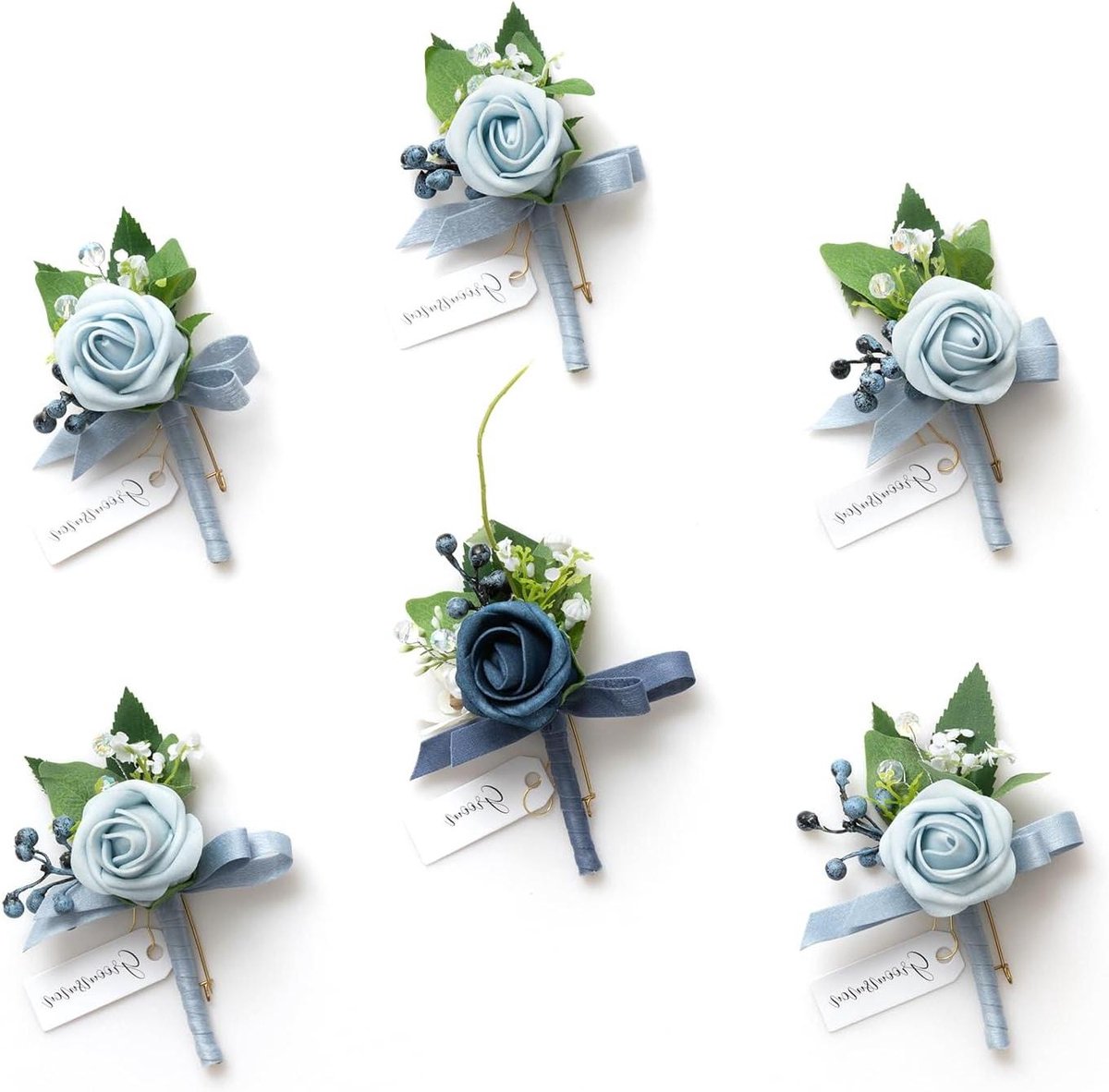 Boutonnières Set - Bruidegom Bloemen - Bruiloft Versiering - Kunstmatige Schuimrozen - 6 stuks - Stoffig Blauw