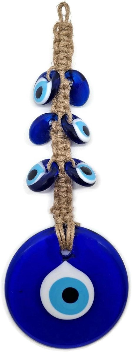 Turks Oog Amulet - Beschermingsamulet Hanger - Huis Beschermen - Macrame Geweven Jute - 11 x 30 cm - Blauw
