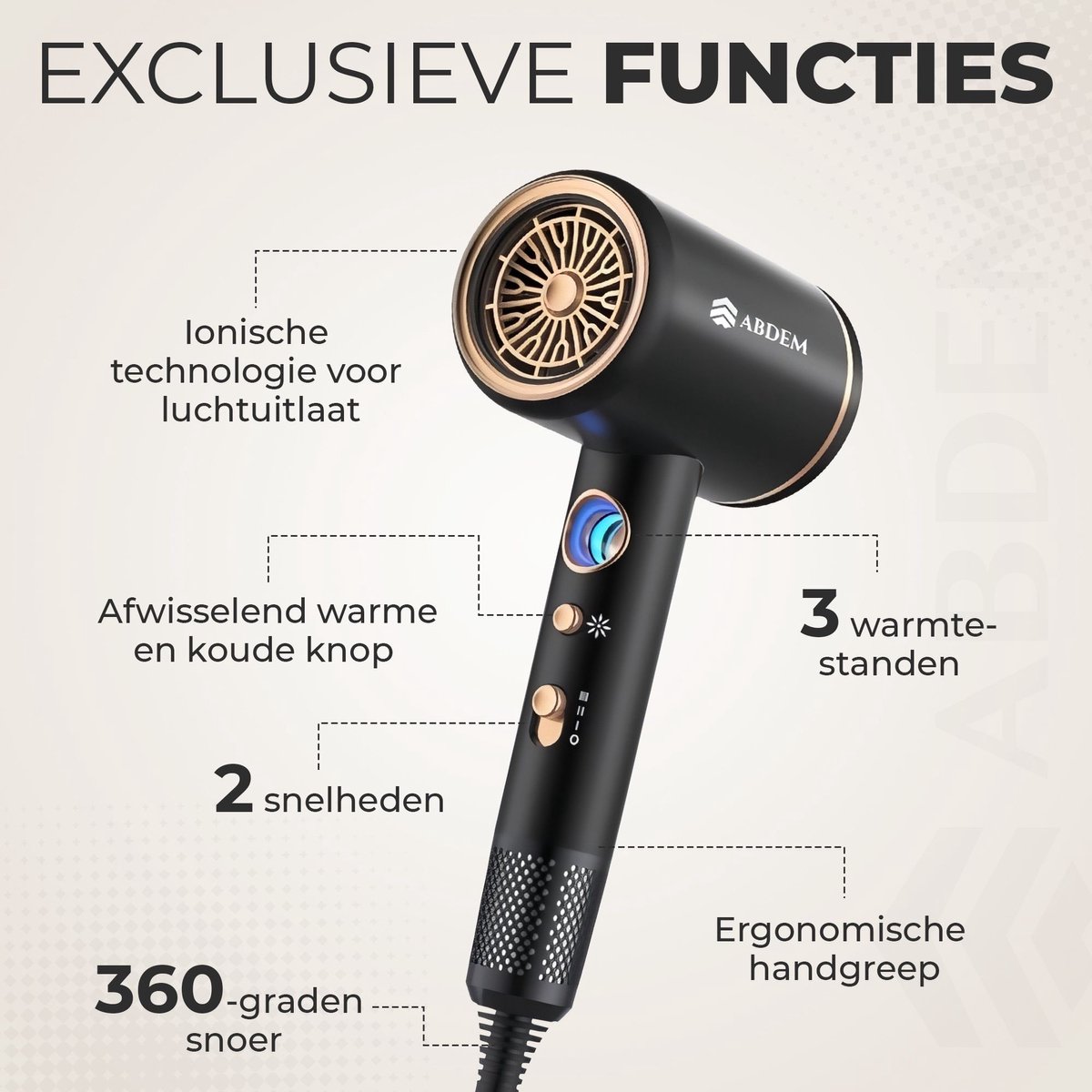 Abdem Professionele Föhn 2000W - Ionische Technologie & Diffuser thumbnail 6