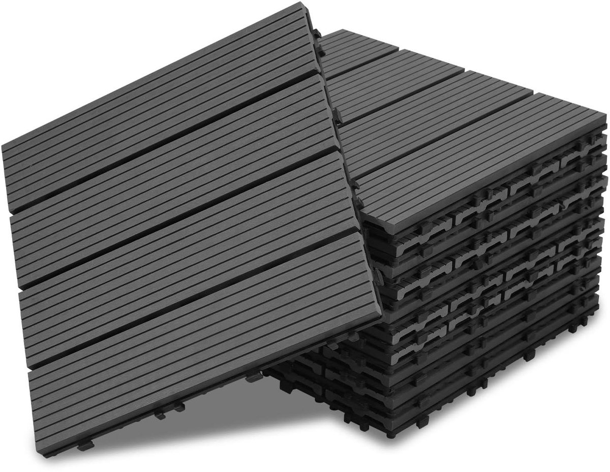 WPC Terrastegels - Houtlook Tegels Balkon - Terras Aanleggen - Kliksysteem Drainage - 30x30cm 44 stuks - Antraciet