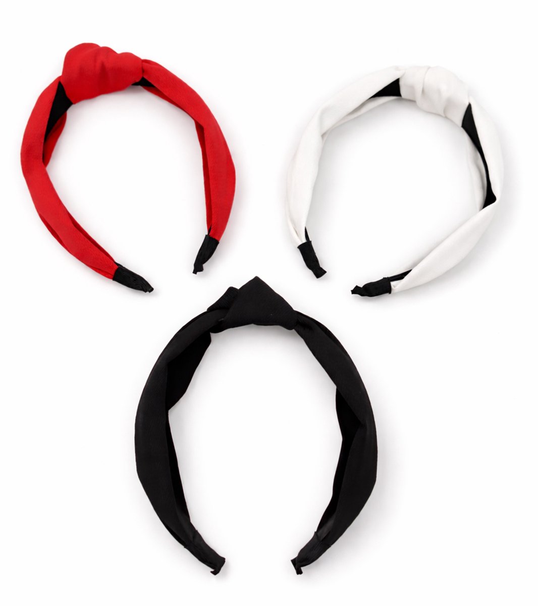 3 stuks - Haarbanden met knoop - Stoffen dames diadeem - Zwart, Wit, Rood