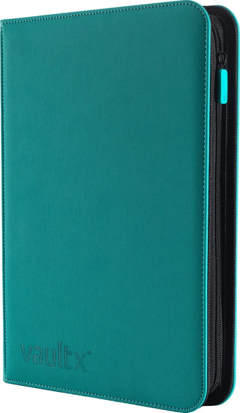 Blauwgroene Vault X binder, half geopend om de ritssluiting en de turquoise ritslip te tonen.