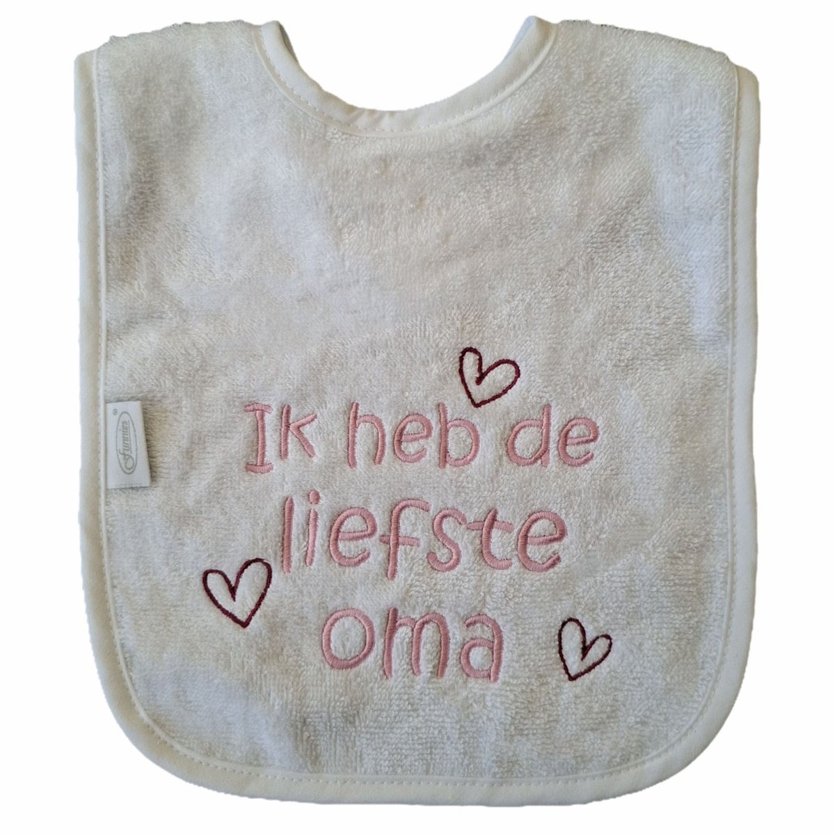Witte slab met "Ik heb de liefste oma" - roze letters - grootmoeder, oma, opa en oma dag, kraamcadeautje, verjaardag, cadeautje, baby, slabber, bavet