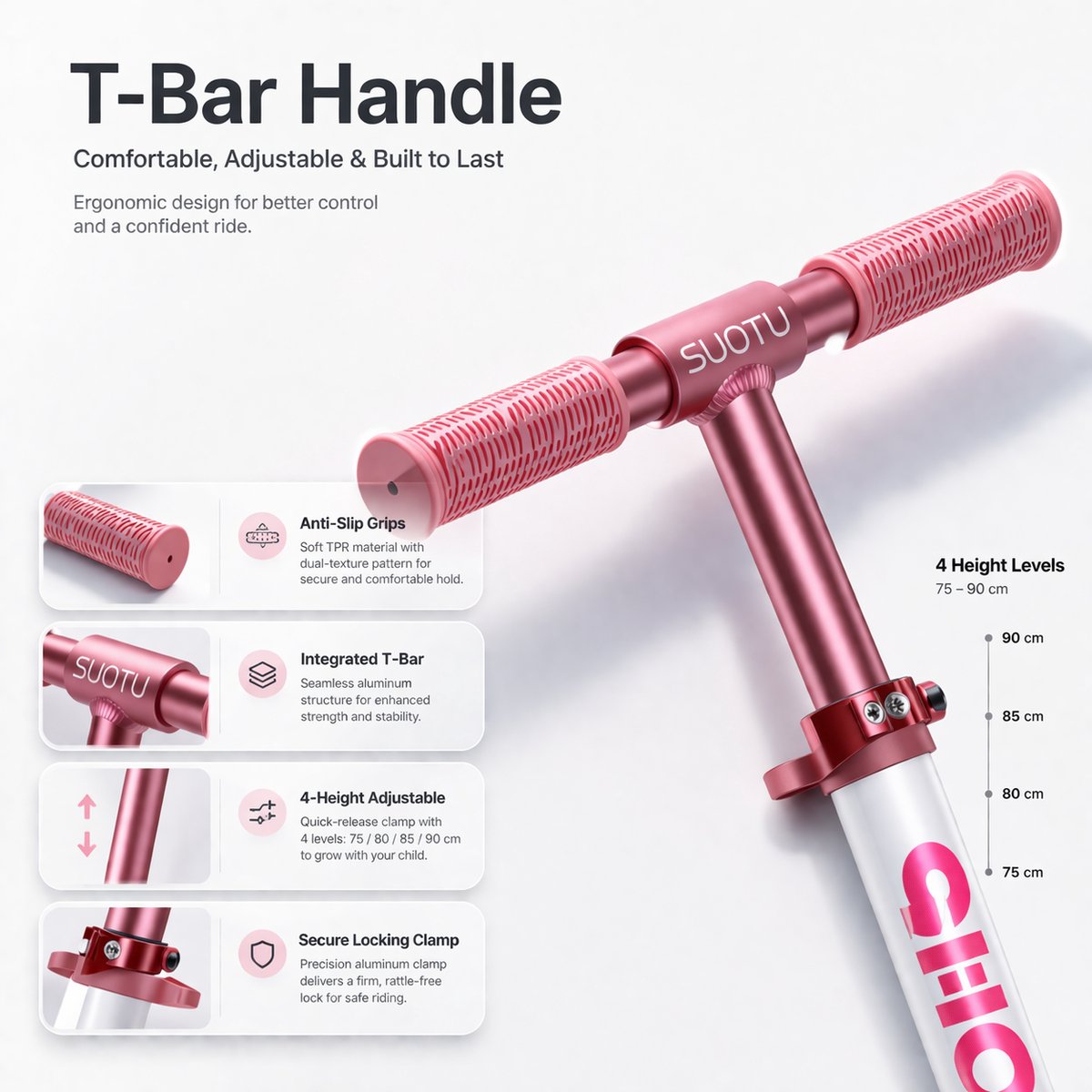 Suotu Kinderstep - 145mm Lichtgevende Wielen - Step - Speelgoed Jongens/Meisjes - Max stuurhoogte: 85 cm - Aluminium - Roze/Wit — afbeelding 11