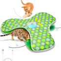 Groen kattenspeeltje met stippenpatroon, twee openingen, een oplaadbare lamp en verborgen veren.