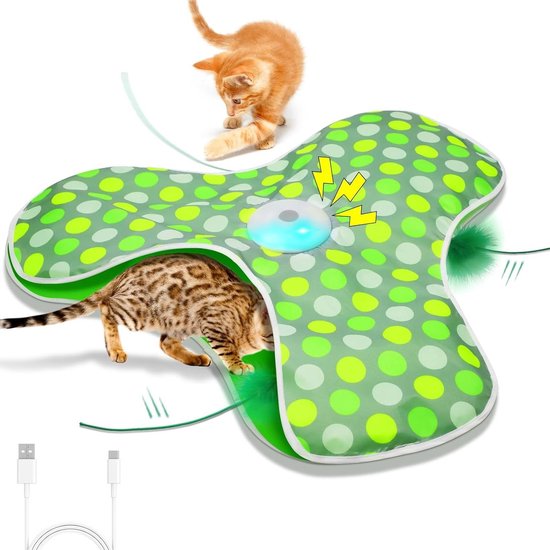 Groen kattenspeeltje met stippenpatroon, twee openingen, een oplaadbare lamp en verborgen veren.