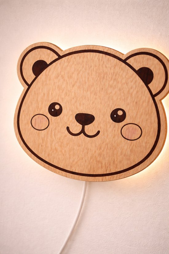 Beren Nachtlamp Kinderkamer - Nachtlamp - wandlamp - nachtlamp kind - kinderkamer – Houten LED Wandlamp – Warm Sfeerlicht – Met Snoer & Schakelaar – E14 – Voor Binnen
