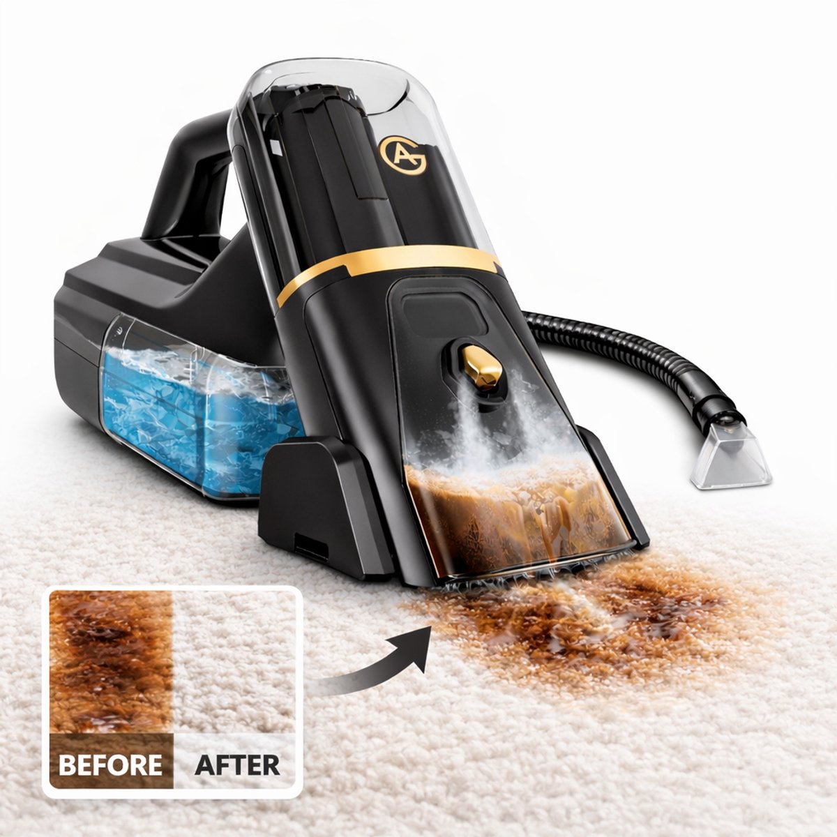 AG Vlekkenreiniger Draadloos – Tapijtreiniger - Bankreiniger – Compact & Krachtig - Premium Spot Cleaner – Met Roterende Borstel – Sneldrogend – Sproeifunctie & Flexibele Slang – Draagbaar – Ook voor Auto, Matras & Huisdieren – Black Gold Edition