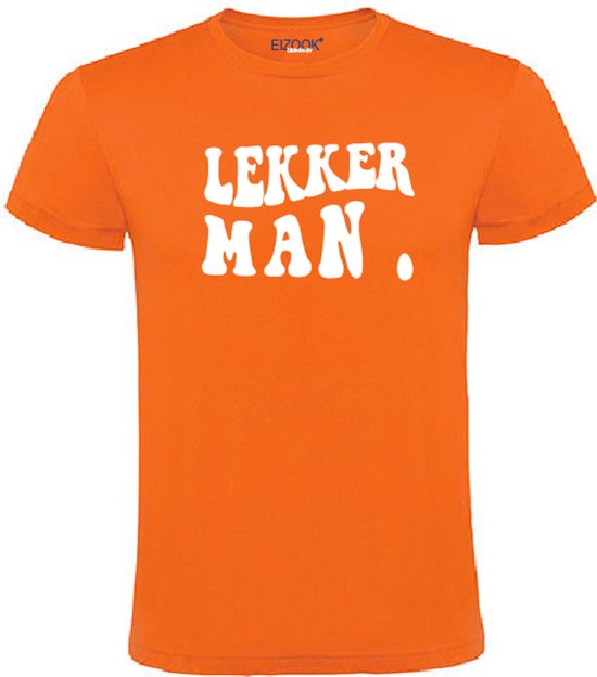 Unisex Oranje T-shirt “LEKKER MAN.” – Witte Print – Koningsdag Shirt – Festival Kleding – 100% Katoen -XXLarge - Specialties By Eizook