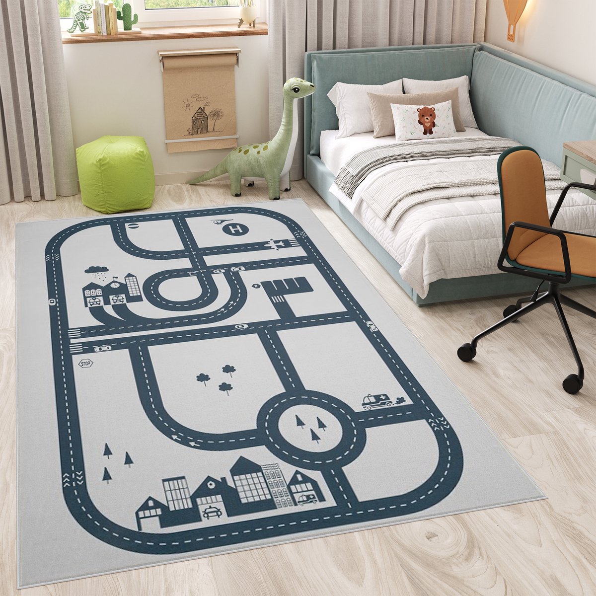 Tapiso Snooki Kindervloerkleed Auto Straat Speelkleed voor Kinderkamer Jongens Grijs Kinde
