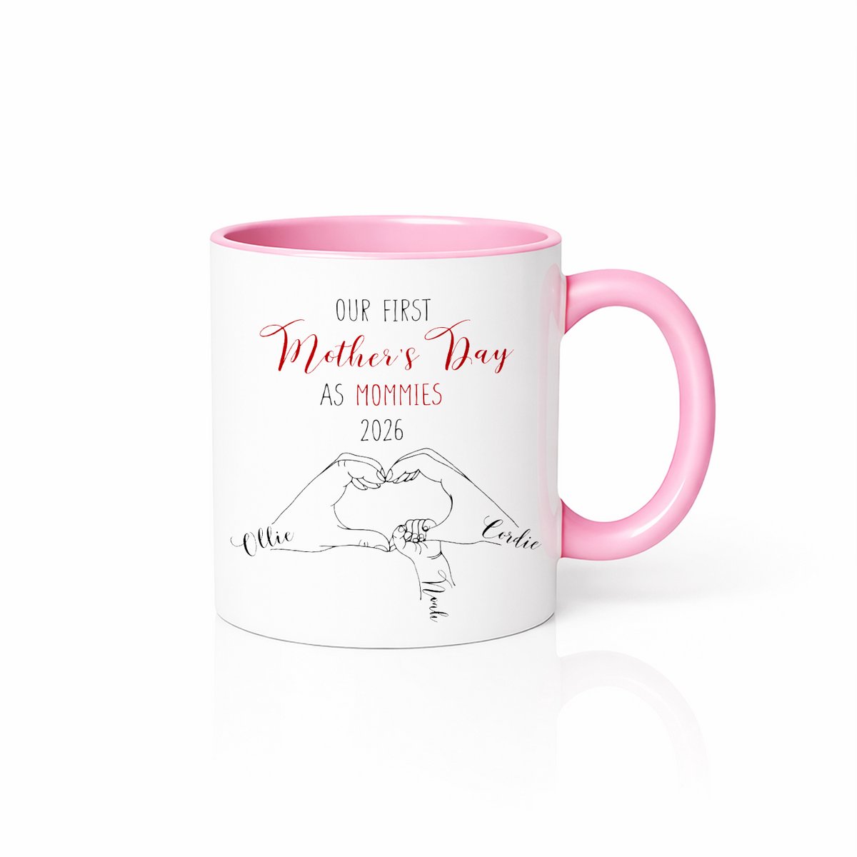 Onze Eerste Moederdag als Mama's 2026 Mok - Roze Handvat - Uniek Moederdag Cadeau met Naam