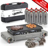 Hikemeister® Dubbel Camping Kooktoestel 2 Pits – 2x 2.2 kW – Inclusief 12 Gasbussen Grillplaat & 2 Plaids – Draagbaar Gasstel – Butaangas Kookplaat – Campingkooktoestel - Met Koffer – Grijs