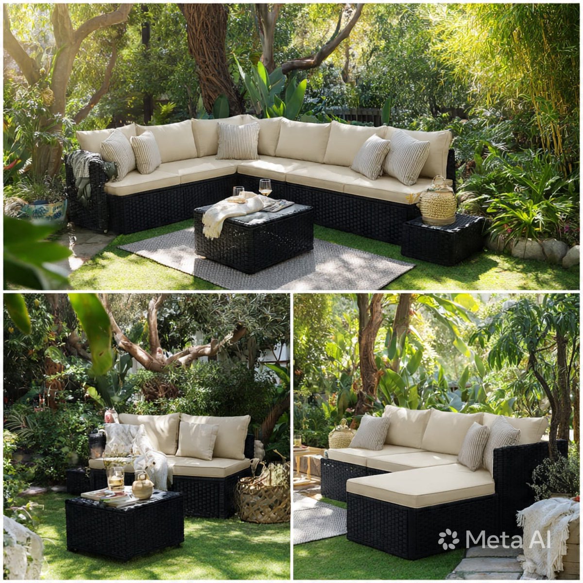 Tuinmeubelset Polyrotan Loungeset 3-4 Personen met Hoekbank, Kruk en Tafel 195x140x75 cm – Zwart/Taupe Balkon en Terras Meubelen Weerbestendig met Kussens – Urbanhome