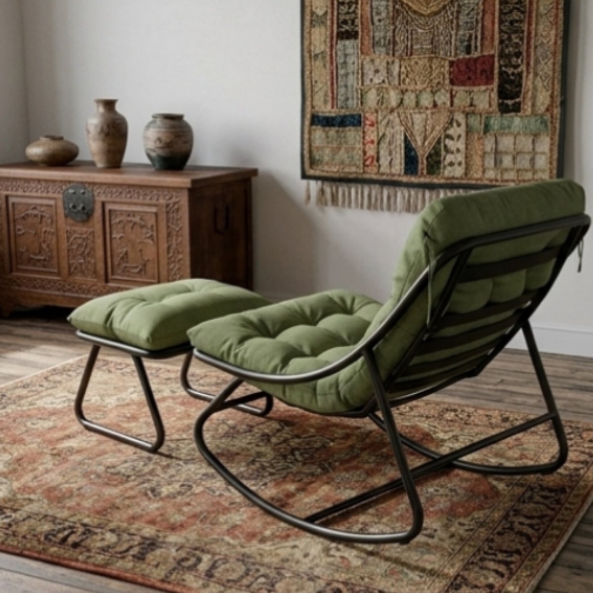 Schommelstoel met Kruk 100x77x70 cm – Luxe Relaxstoel & Leesstoel met Bekleding, Comfortabele Lounge Stoel voor Woonkamer, Balkon & Tuin – Groen – Urbanhome