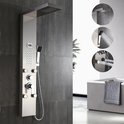 RVS douchepaneel met geborsteld staal afwerking, met informatie over functies en digitaal display.