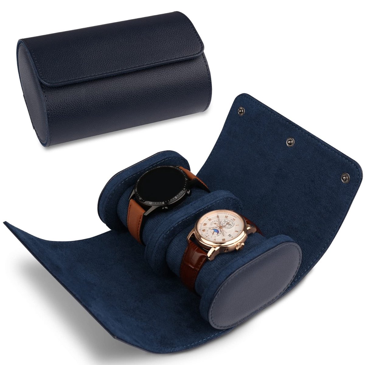 Cosensi - Watch Roll - Luxe Horloge Opbergruimte - Blauw - Voor 2 Horloges - Ideaal voor Reizen - Perfect voor Mannen en Vrouwen
